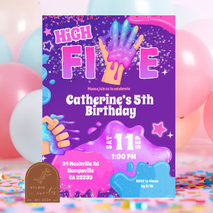 Neon Pink Purpur-Schlamm High Five Geburtstagseinl Einladung
