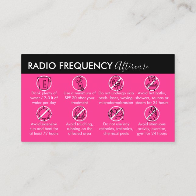 Neon Pink Radio Frequency Skin Tighten Aftercare Visitenkarte (Rückseite)