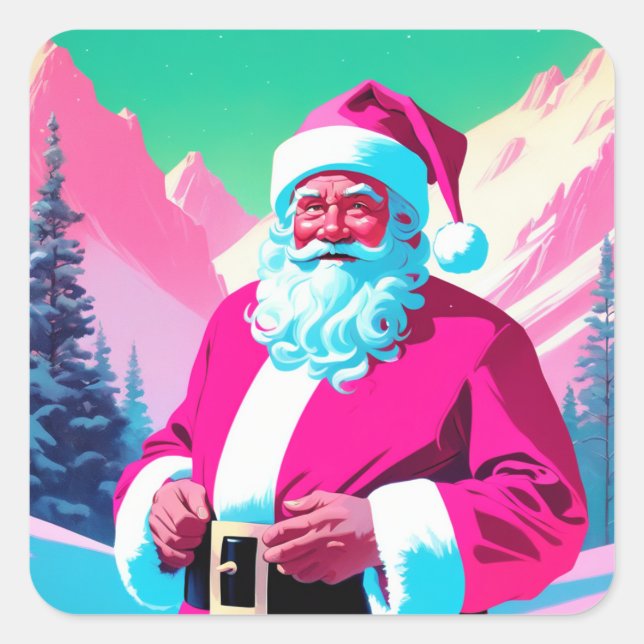 Neon Pink Santa Quadratischer Aufkleber (Vorderseite)