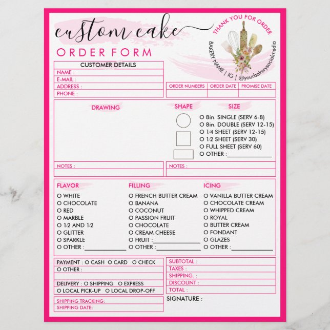 Neon Pink Simple Modern Bakery Cake Order Form Flyer (Vorne)