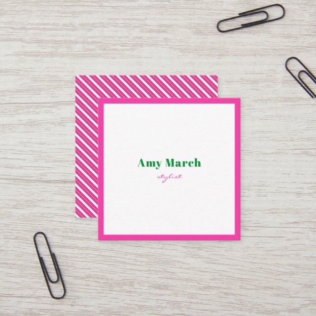 Neon Pink Stripes Trendy Square Business Card Quadratische Visitenkarte (Vorderseite/Rückseite Beispiel)