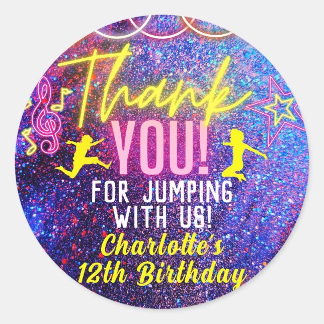 Neon Pink Trampolin Dance Party Vielen Dank Runder Aufkleber (Vorderseite)