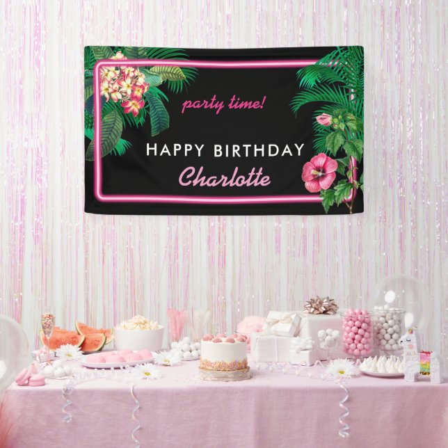 Neon Pink Tropical Botanicals Geburtstagsparty Banner (Party)