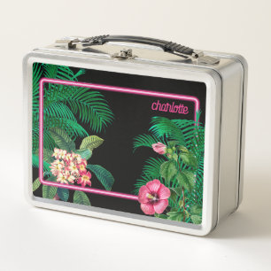 Neon Pink Tropical Botanicals Monogramm Metall Brotdose