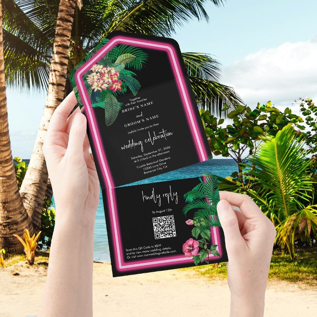 Neon Pink Tropical Retro Botanicals Hochzeit All In One Einladung (Neon Pink Tropical Retro Botanicals Wedding All In One Invitation)