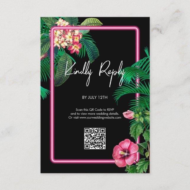 Neon Pink Tropical Retro Botanicals Hochzeit Begleitkarte (Vorderseite)