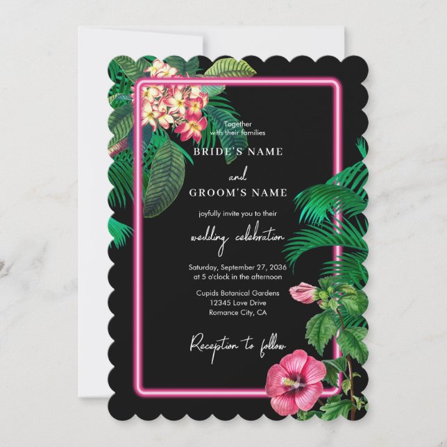 Neon Pink Tropical Retro Botanicals Hochzeit Einladung (Vorderseite)