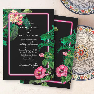 Neon Pink Tropical Retro Botanicals Hochzeit Einladung