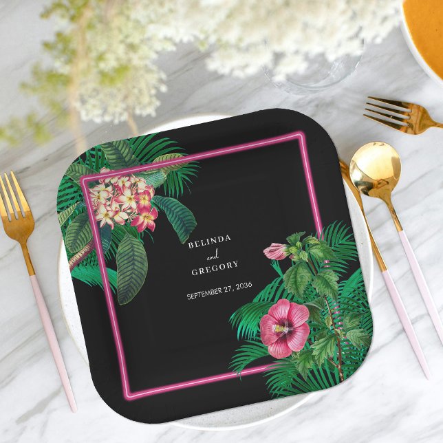 Neon Pink Tropical Retro Botanicals Hochzeit Pappteller (Neon Pink Tropical Retro Botanicals Wedding Paper Plates)