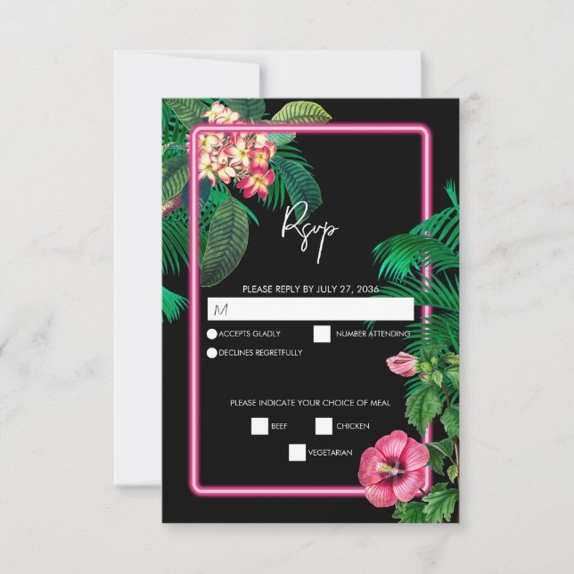 Neon Pink Tropical Retro Botanicals Hochzeit RSVP Karte (Vorderseite)