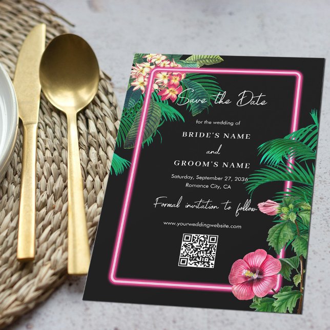 Neon Pink Tropical Retro Botanicals Hochzeit Save The Date (Neon Pink Tropical Retro Botanicals Wedding Save The Date)
