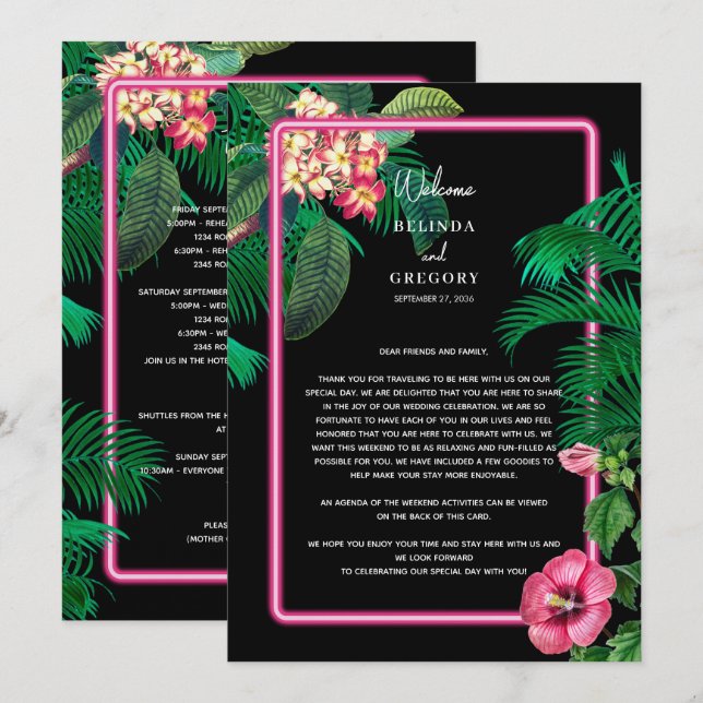 Neon Pink Tropical Retro Hochzeitsreise Programm (Vorne/Hinten)