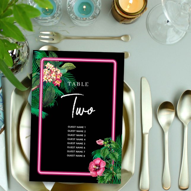 Neon Pink Tropical Retro Wedding Program Tischnummer (Neon Pink Tropical Retro Wedding Program Table Number)