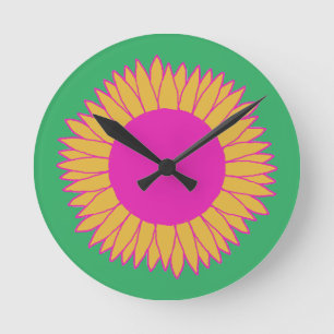 Neon Pink und Orange auf grüner Sonnenblume Runde Wanduhr