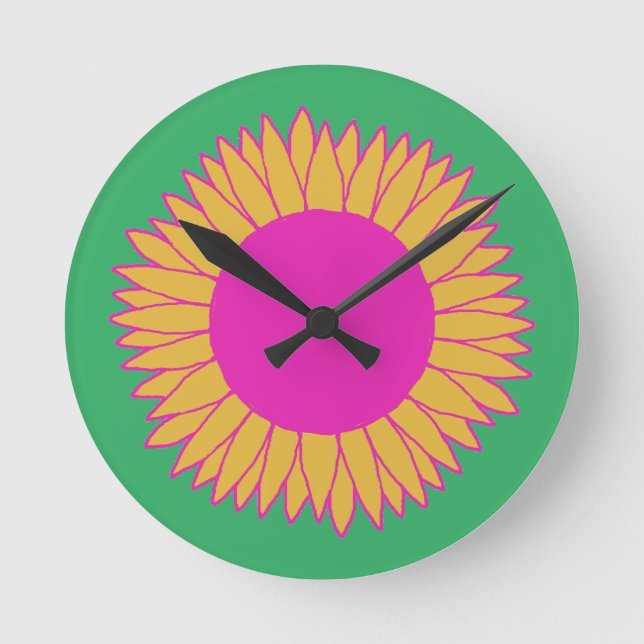 Neon Pink und Orange auf grüner Sonnenblume Runde Wanduhr (Vorderseite)