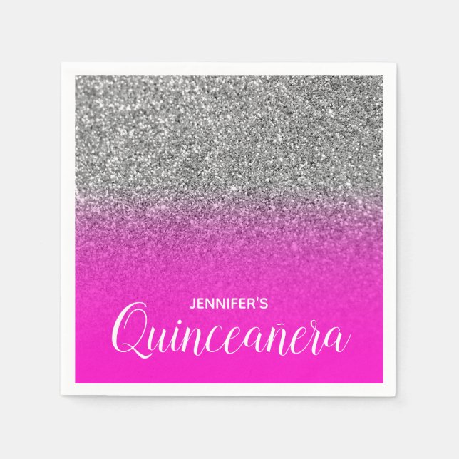 Neon Pink und Silver Glitzer Ombre Quinceanera Serviette (Vorderseite)