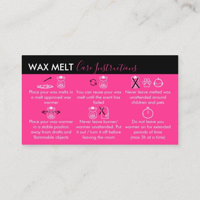 Neon Pink Wax Melt Care Instruktionen Visitenkarte (Rückseite)