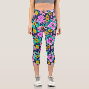 Neon Pink Yellow Floral Blätter Aquarellmuster Capri Leggings