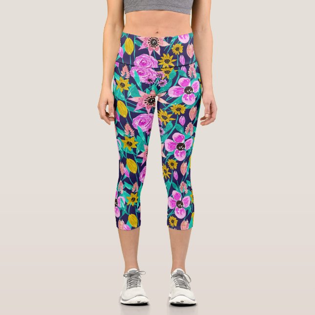 Neon Pink Yellow Floral Blätter Aquarellmuster Capri Leggings (Vorderseite)