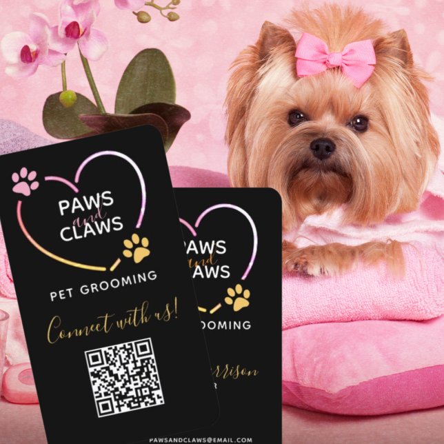Neon Pink Yellow Pet Grooming QR Code Visitenkarte (Von Creator hochgeladen)
