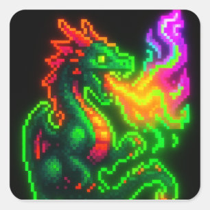 Neon Pixel Dragon - Retro Arcade Flame Design Quadratischer Aufkleber