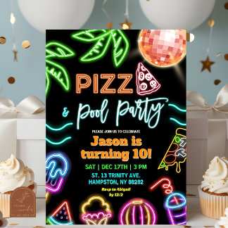 Neon-Pizza-Poolparty Kindergeburtstag Einladung