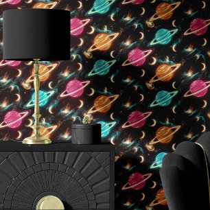 Neon Planets and Moons Galaxy Tapete