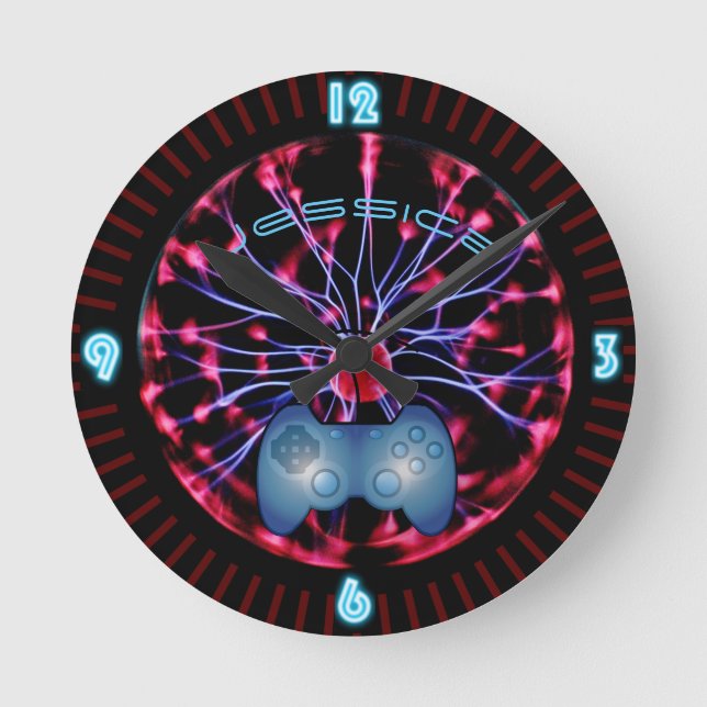Neon Plasma Ball Girl Gamer Gaming Personalisiert Runde Wanduhr (Vorderseite)
