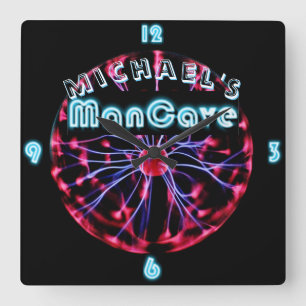 Neon Plasma Ball Mancave Gaming Den Personalisiert Quadratische Wanduhr