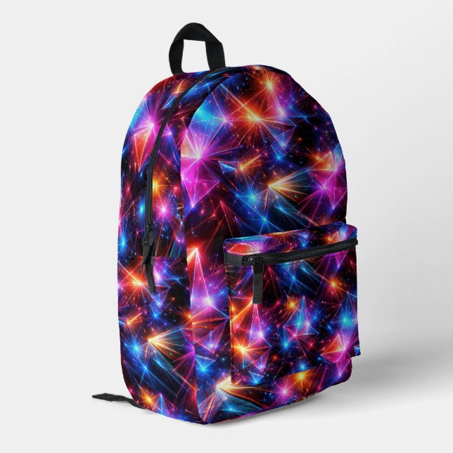 Neon-Polygon-Abstraktion mit Explosionen Bedruckter Rucksack (Rückseitige Ecke links)