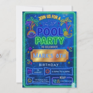 Neon-Pool-Geburtstags-Schwimmen Geburtstag Einladung