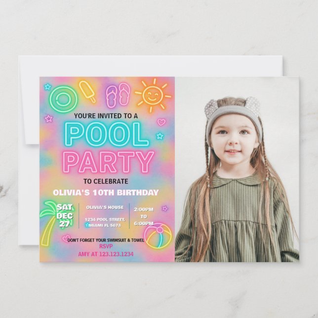 Neon Pool Party Einladung für Kinder und Jugendlic (Vorderseite)