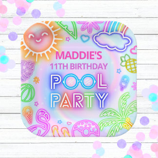 Neon Pool Party Geburtstagspapier-Teller Pappteller