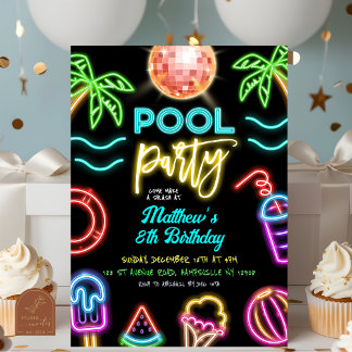 Neon Pool Party Kindergeburtstag Einladung
