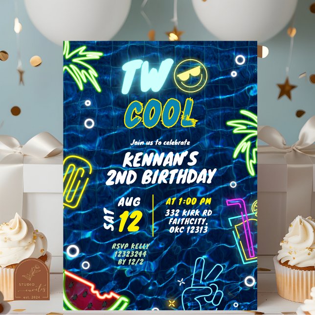 Neon Pool Sommer Zwei Coole 2. Geburtstag Einladung (Von Creator hochgeladen)