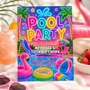 Neon-Poolparty-Geburtstag Glow Sommer Einladung