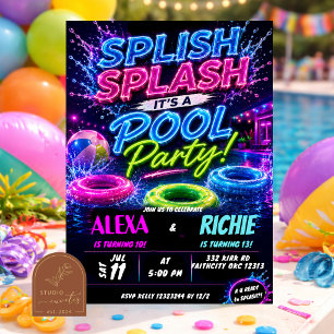 Neon-Poolparty Junge Mädchen Geschwister Teenager Einladung