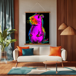 Neon-Pop-Art-Capybara: Vibrant und eigenwillig Wandteppich Mit Holzrahmen