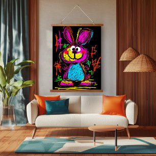 Neon-Pop-Art-Hase: Spielend und Vibrant Wandteppich Mit Holzrahmen