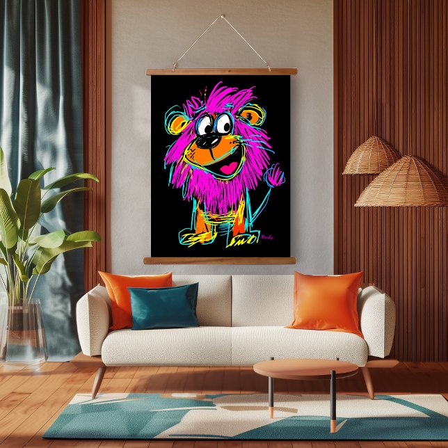 Neon Pop Art Lion: Spielerisch und farbenfroh Wandteppich Mit Holzrahmen (Von Creator hochgeladen)