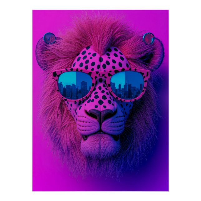 Neon Pop Art Löwe mit blauer Sonnenbrille Poster (Vorderseite)
