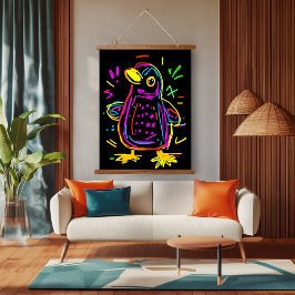 Neon Pop Art Penguin: Spaß und lebendiges Kunstwer Wandteppich Mit Holzrahmen