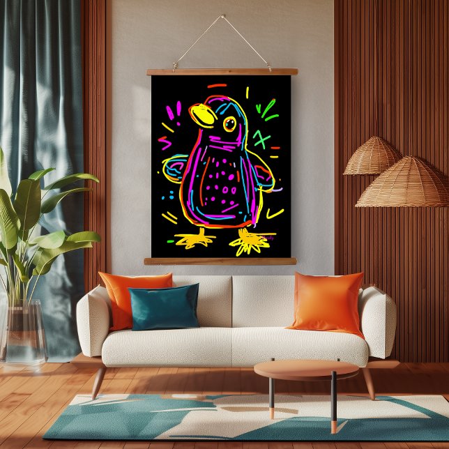 Neon Pop Art Penguin: Spaß und lebendiges Kunstwer Wandteppich Mit Holzrahmen (Von Creator hochgeladen)