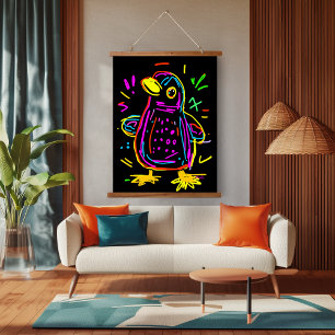 Neon-Pop-Art-Pinguin: Lustige und lebendige Kunst Wandteppich Mit Holzrahmen