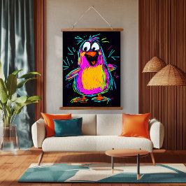 Neon Pop Art Pinguin: spielerisch und farbenfroh Wandteppich Mit Holzrahmen