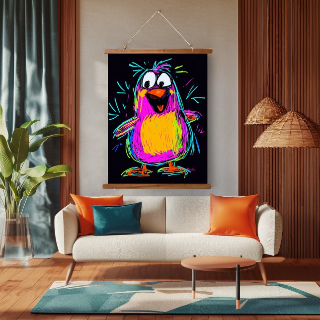 Neon Pop Art Pinguin: spielerisch und farbenfroh Wandteppich Mit Holzrahmen (Von Creator hochgeladen)