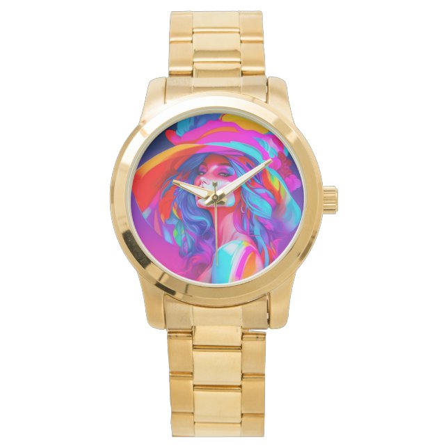 Neon Pop Art Portrait Armbanduhr (Vorderseite)