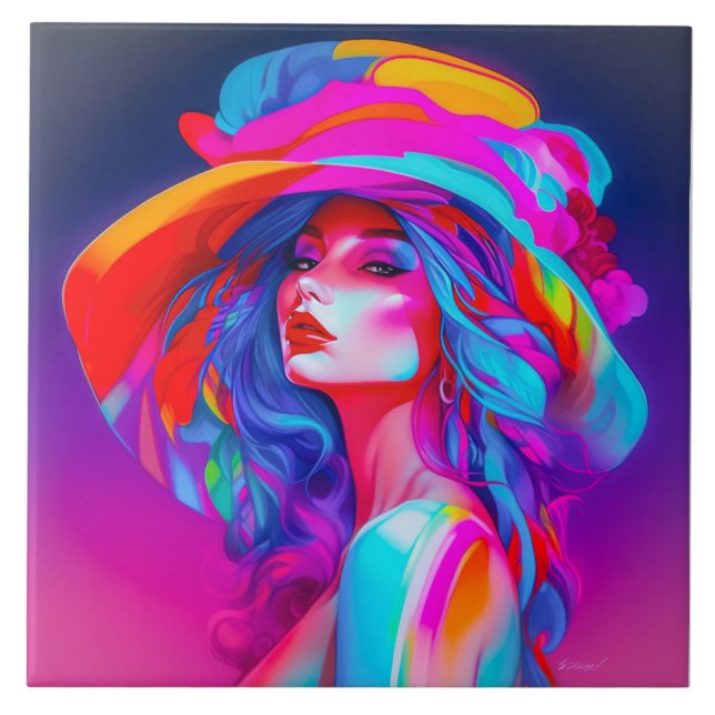 Neon Pop Art Portrait Fliese (Vorderseite)