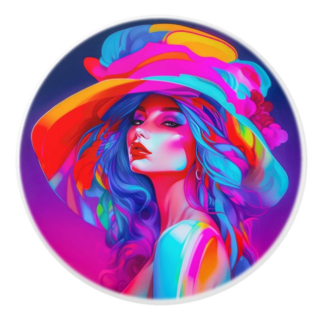 Neon Pop Art Portrait Keramikknauf (Vorderseite)