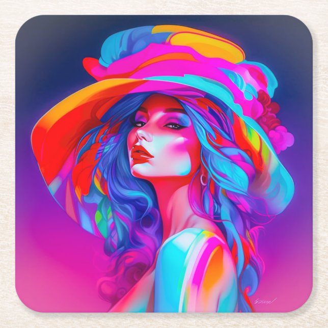 Neon Pop Art Portrait Rechteckiger Pappuntersetzer (Vorderseite)